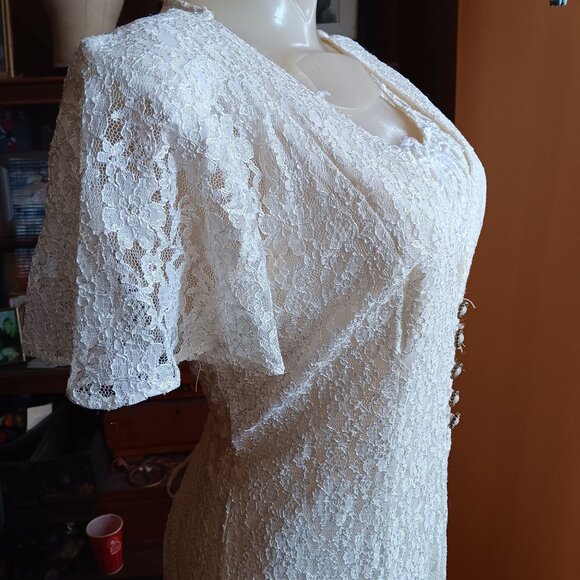 sz 8 Vintage Dawn Joy Ivory Lace Maxi Dress W/ Button Front/Corset Back 2 Piece - Picture 8 of 11